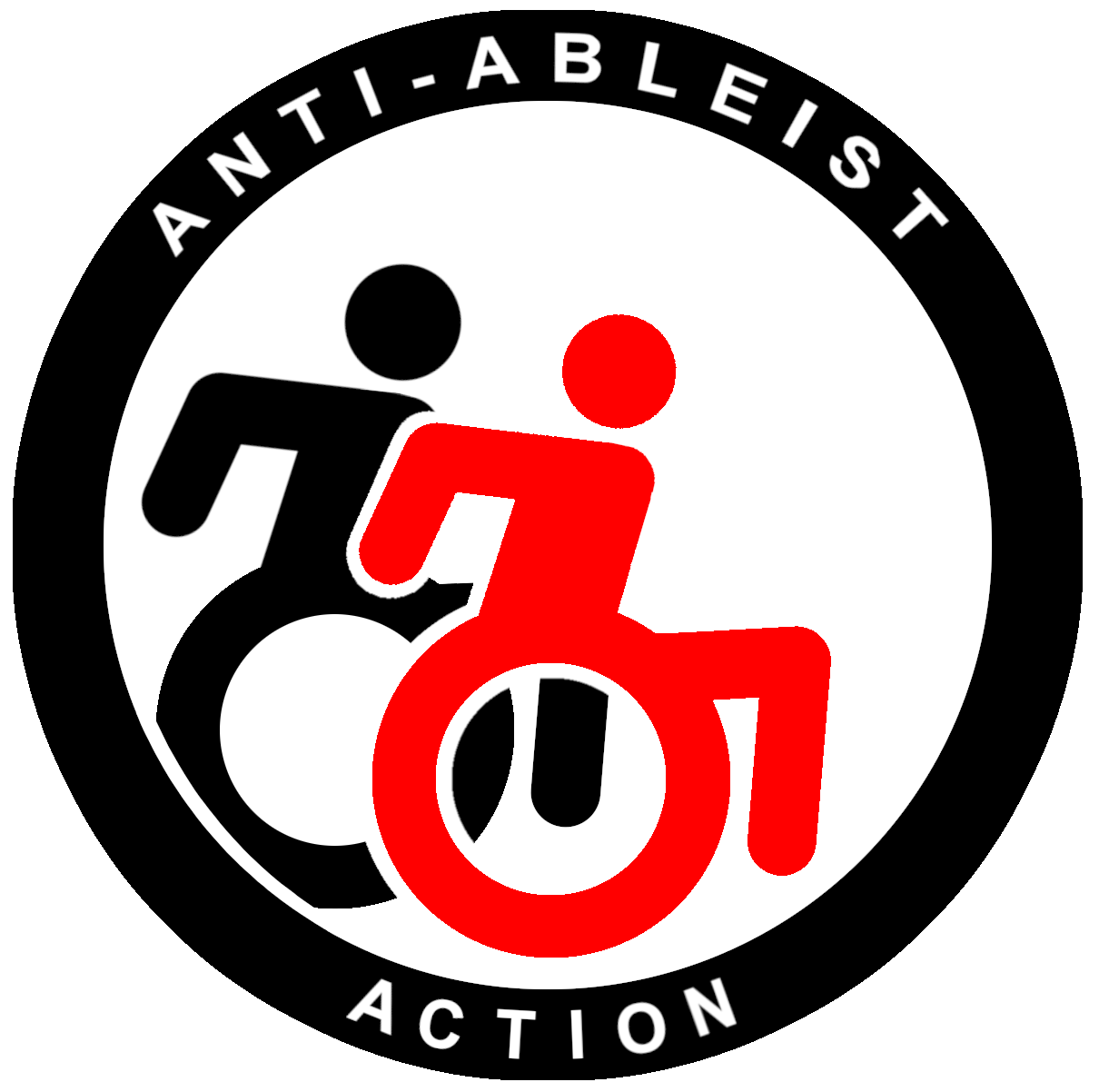 Like Antifa-symbol, round shape, red an black. But ohter Text than bei Antifa-Logo: anti-ableist-action and with 2 people in a wheelchair instead of the red und black flags